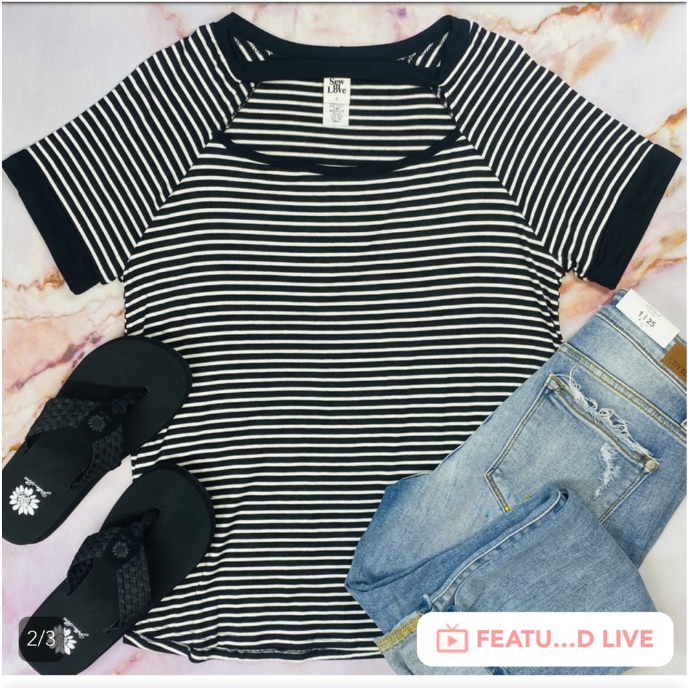 Sew In Love top. Black and Ivory stripes with key hole neck